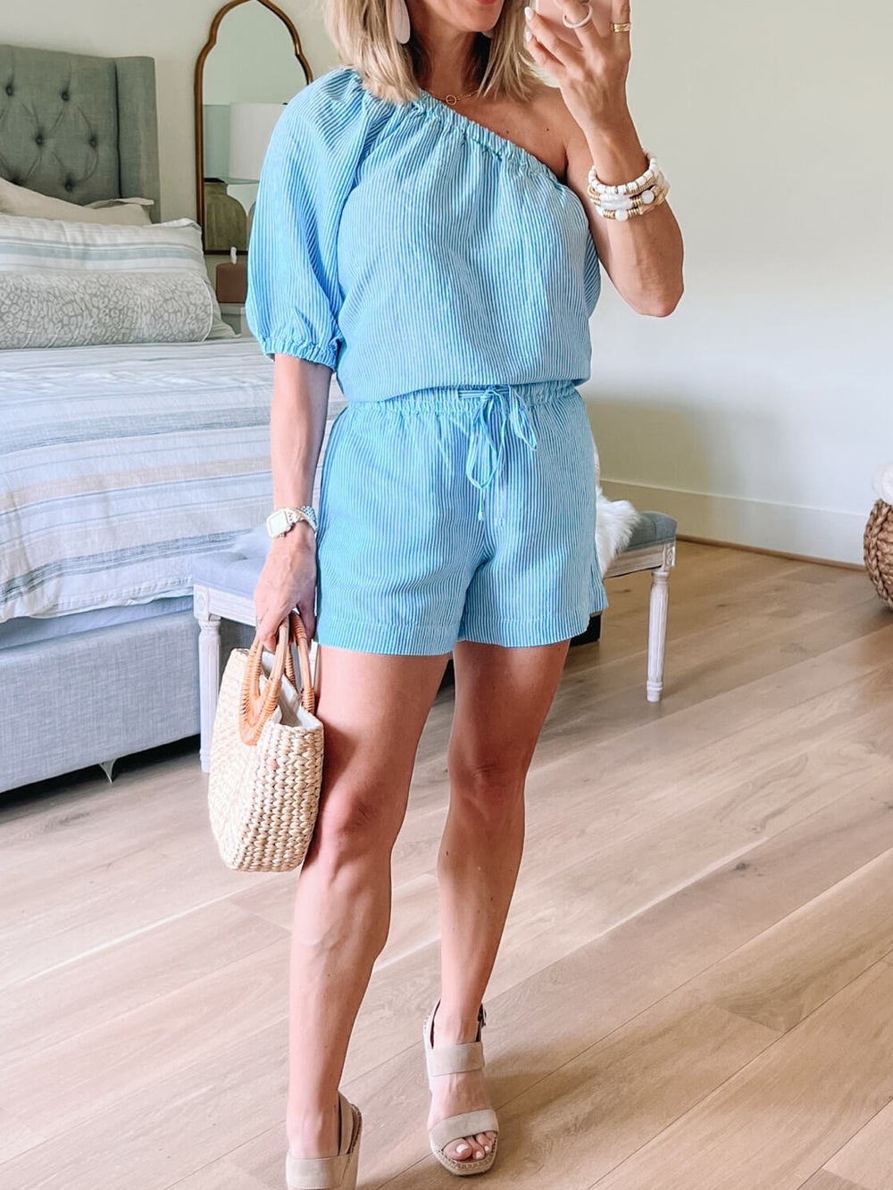 Loft blue and white striped one shoulder top and shorts sold as set